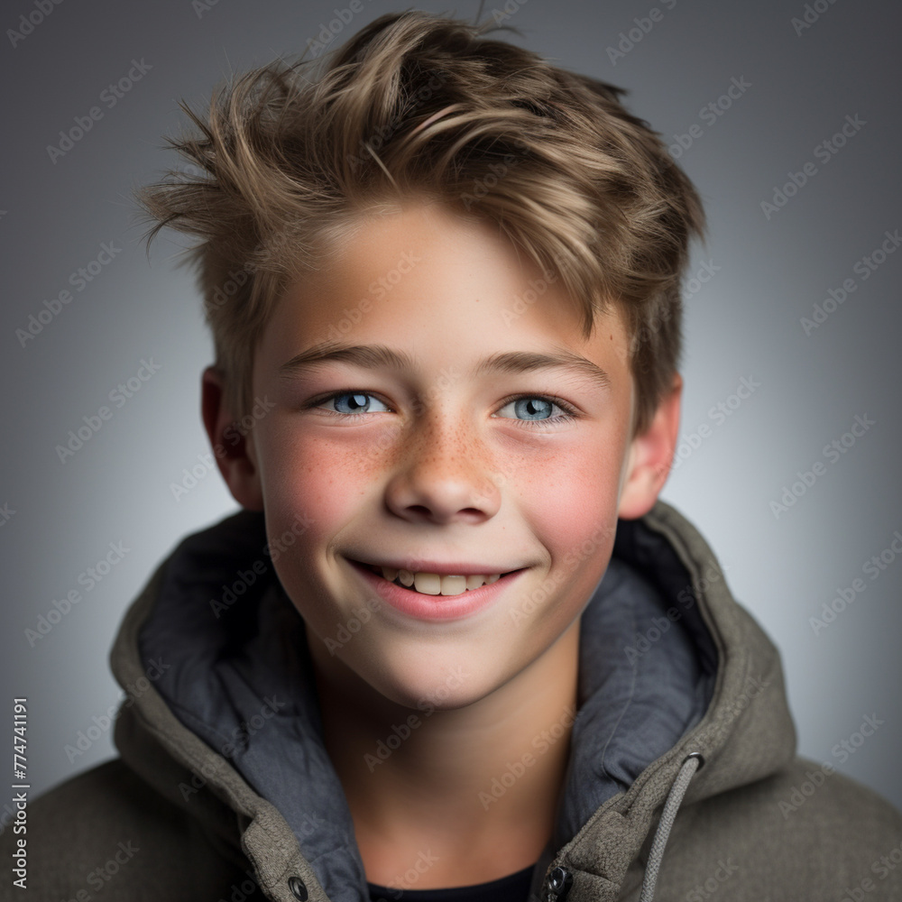 Joyful Expression: Portrait of a Happy Boy Shining in Studio Light. Capturing the Essence of Teenage Spirit. Warmth of His Genuine Smile. Joyful Expression: Portrait of a Happy Boy Shining in Studio Light. Capturing the Essence of Teenage Spirit. Warmth of His Genuine Smile.
