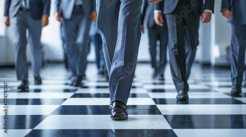  Illustration of leadership concept with businessmen in blue suits leading forward on a checkered floor.