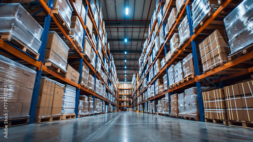 Warehouse interior with rows of shelves and boxes. Industrial background. © Ployker
