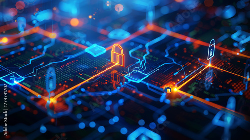 Digital representation of circuit boards with locks and protective symbols for cybersecurity,ai generated