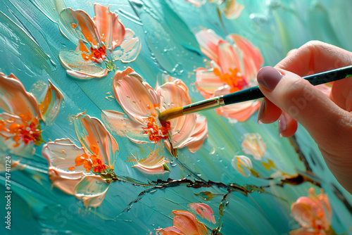 An artist's hand with a brush paints a coral cherry blossom on a blue background with oil paints. photo