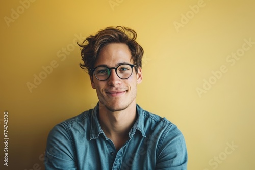 Portrait of a handsome young man in glasses on a yellow background