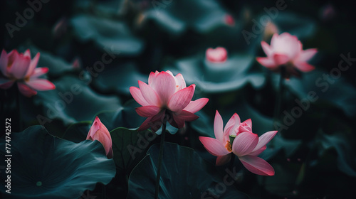 Blooming pink water lilies with green leaves in Japanese garden.