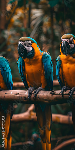 Papagaios Coloridos em Galhos de Árvore photo