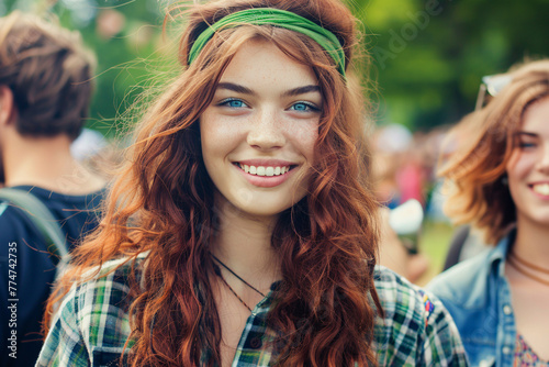 A young beautiful girl with red curly hair and headband is having fun at a summer music festival.
