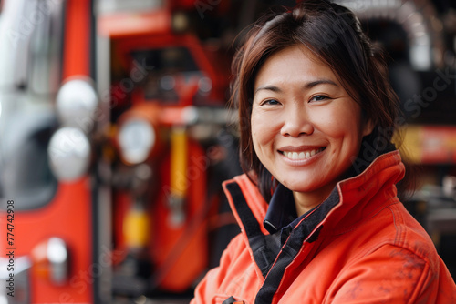 Portrait of korean smiling woman firefighter in red uniform standing next to a red fire engine.