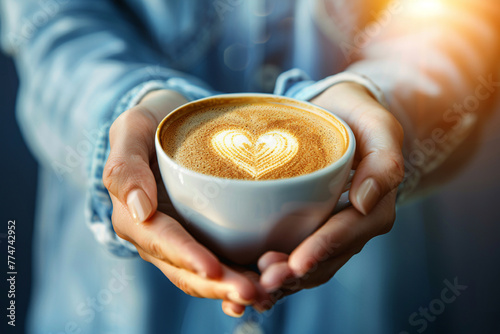 Woman in blue dress holding in her hands cup with latte with heart latte design.