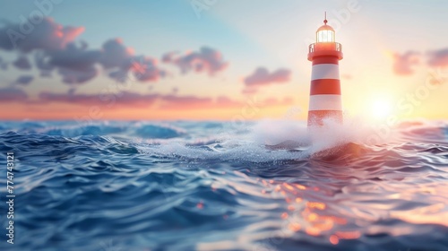 A lighthouse is in the water with the sun setting in the background. The water is calm and the lighthouse is the only object in the scene photo