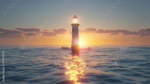A lighthouse is in the water with the sun setting in the background. The scene is serene and peaceful, with the lighthouse standing tall and proud in the midst of the calm ocean