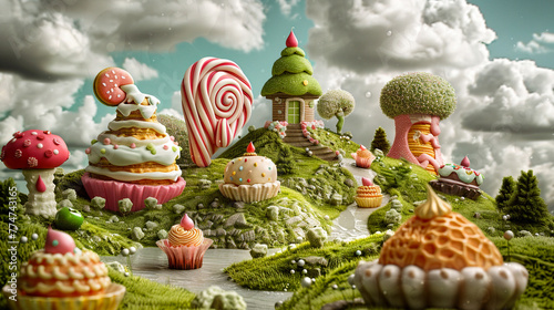 In a 3D-rendered mythical village, the annual festival includes a magical pastry contest where enchanted desserts come to life, performing slapstick routines