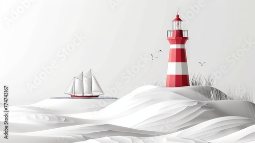 A red and white lighthouse is on a snowy beach next to a sailboat. The lighthouse is tall and has a red top. The sailboat is in the water and is visible in the distance. The scene is peaceful
