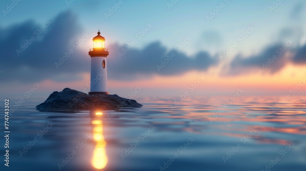 A lighthouse is on a rock in the ocean. The water is calm and the sky is a beautiful orange color