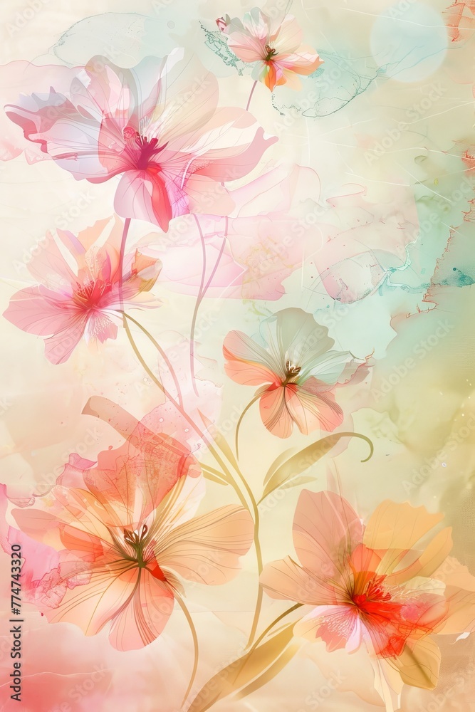 Pink Flowers Painting on White Background