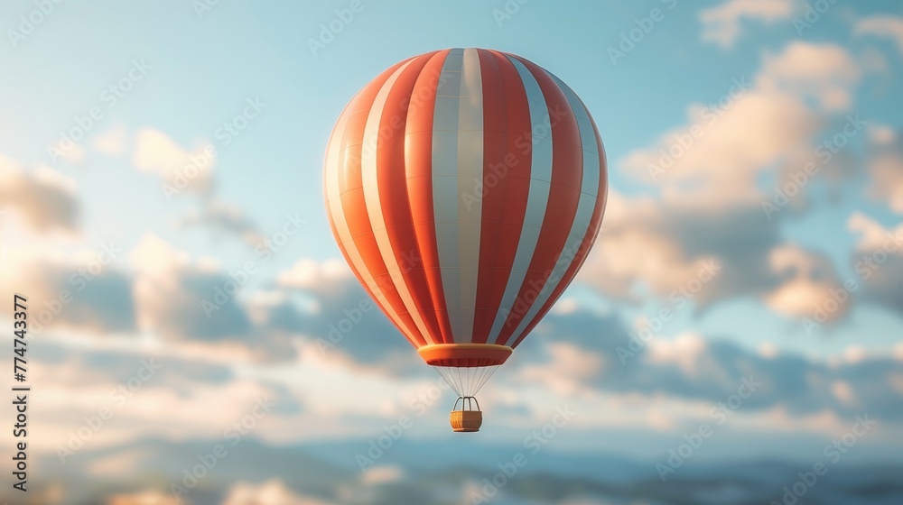 Fototapeta premium A hot air balloon is floating in the sky with a basket on top. The balloon is red and white with a yellow basket. The sky is cloudy and the sun is shining through the clouds