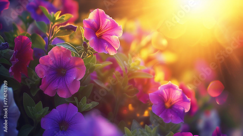 Flowerbed with blooming red white petunias in golden rays of the sun. Floral banner.