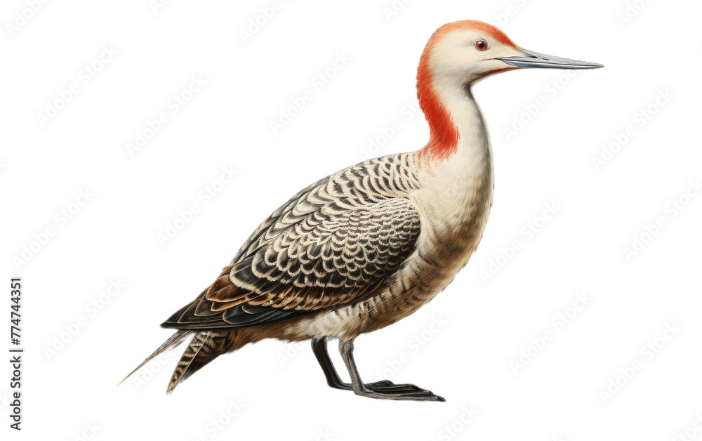 A bird with red and white feathers perched elegantly on a white surface A bird with red and white feathers perched elegantly on a white surface