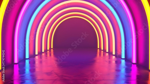 Vibrant Retro Neon Tunnel with Colorful Arched Background Perfect for Creative Photography and Nightlife Themes