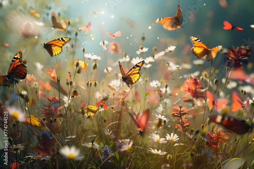 Butterflies Flying Over Field of Flowers