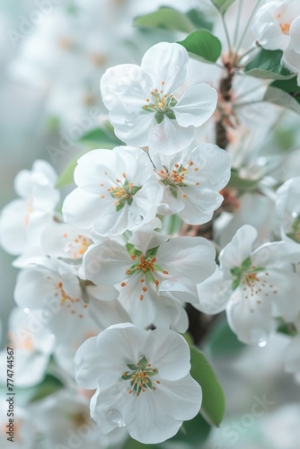 Lush apple tree in full bloom, close-up on white blossoms, soft natural light. ai generated