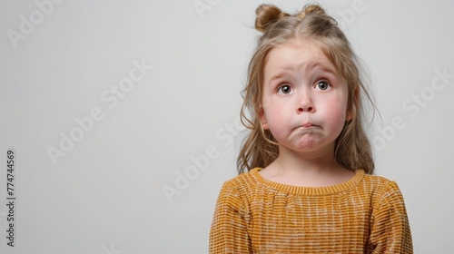 Angry little girl has heard something awful. Copy space. Isolated white background. Emotions and fear concept. photo