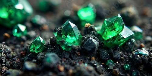 emerald crystals on black tar soil macro view