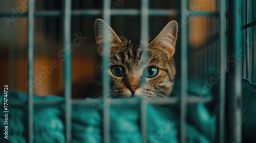 An animal shelter. A cat in a cage.