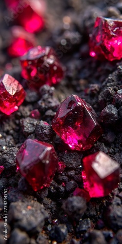 ruby crystals on black tar soil macro view
