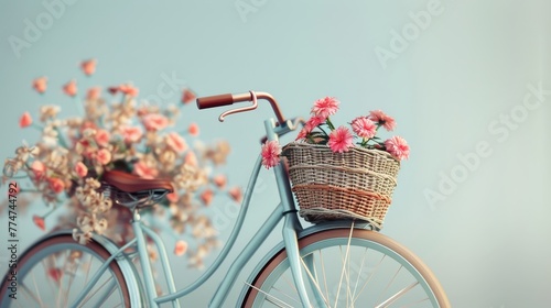 A bicycle with a basket full of flowers on it. The flowers are pink and white. The basket is woven and the bike is blue. Concept of joy and happiness, as the flowers are a symbol of love and affection photo