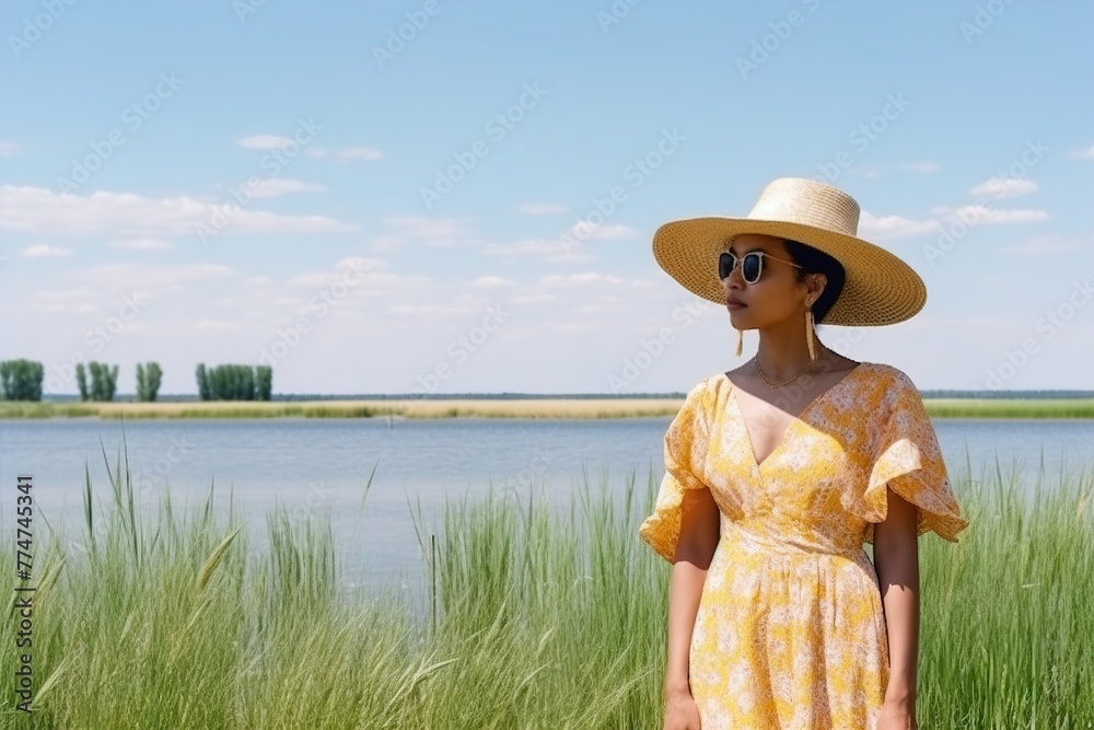 A woman in a yellow dress is standing in a field near a body of water