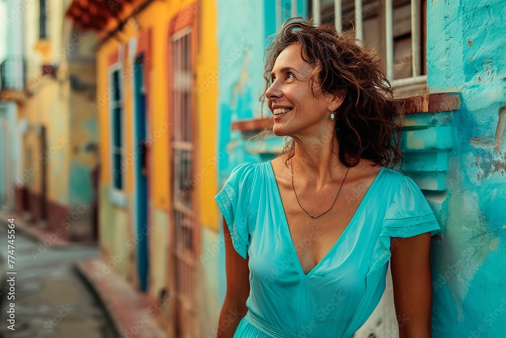 A woman in a blue dress is smiling and standing in front of a colorful building