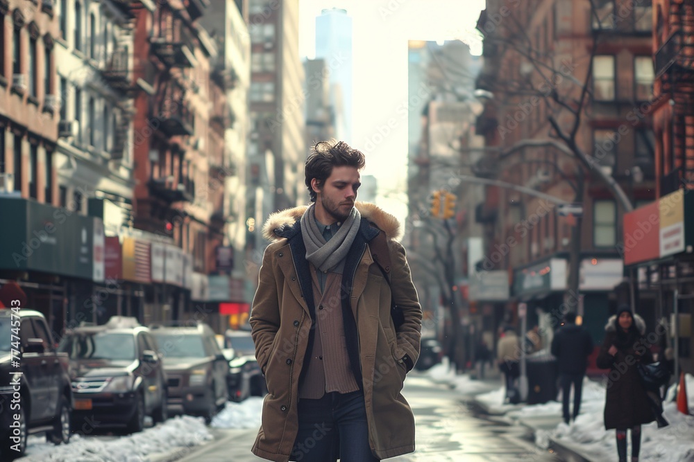 A man wearing a brown coat and scarf walks down a city street