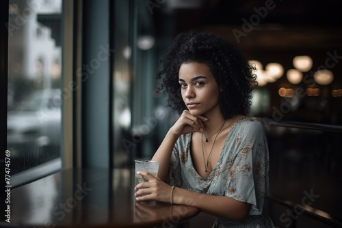 A woman sits at a table with a glass of water in front of her