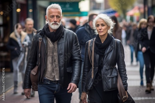 A man and woman are walking down a street, both wearing leather jackets