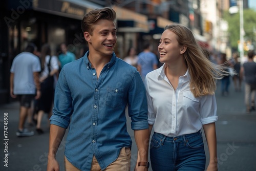 A man and a woman are walking down a street, smiling at each other