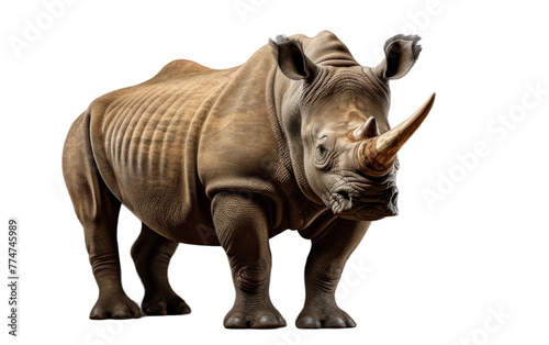 A magnificent rhinoceros is standing elegantly in front of a plain white background