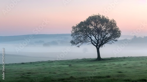 Misty Silhouetted Tree at Serene Countryside Landscape During Tranquil Dawn or Dusk