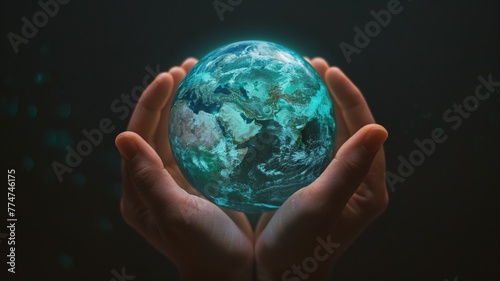 Closeup of hands holding the earth, a symbol of caring for the environment.Generative AI illustration