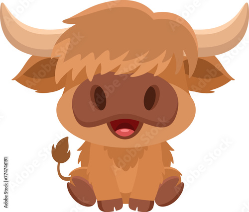 Cute Baby Highland Cow Cartoon Character. Vector Illustration Flat Design Isolated On Transparent Background