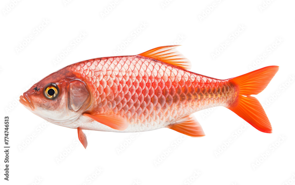 A vibrant red fish gracefully swims in a sea of serene white A vibrant red fish gracefully swims in a sea of serene white