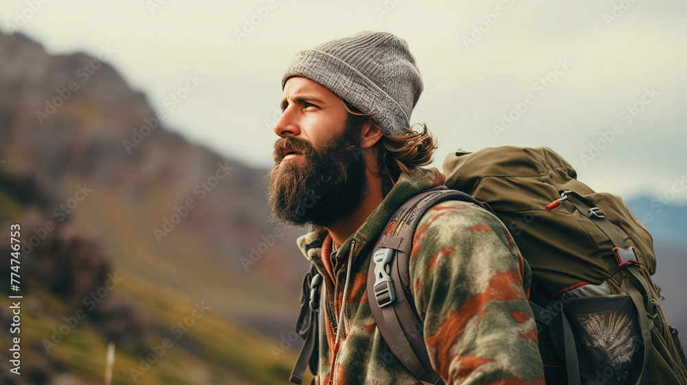 Obraz premium side view portrait of a tramp tourist male loner shaggy with a beard and a backpack in a warm jacket with extreme equipment. adventure man explorer on the mountain in bad weather in autumn. journey
