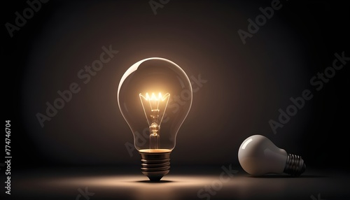 One of Lightbulb glowing among shutdown light bulb in dark area with copy space for creative thinking , problem solving solution and outstanding concept by 3d rendering technique.