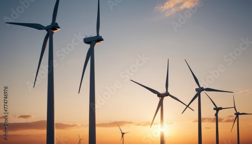 A tranquil scene of multiple wind turbines captured at sunset. The calm sky and diminishing sunlight accentuate the turbines' grace. AI generation