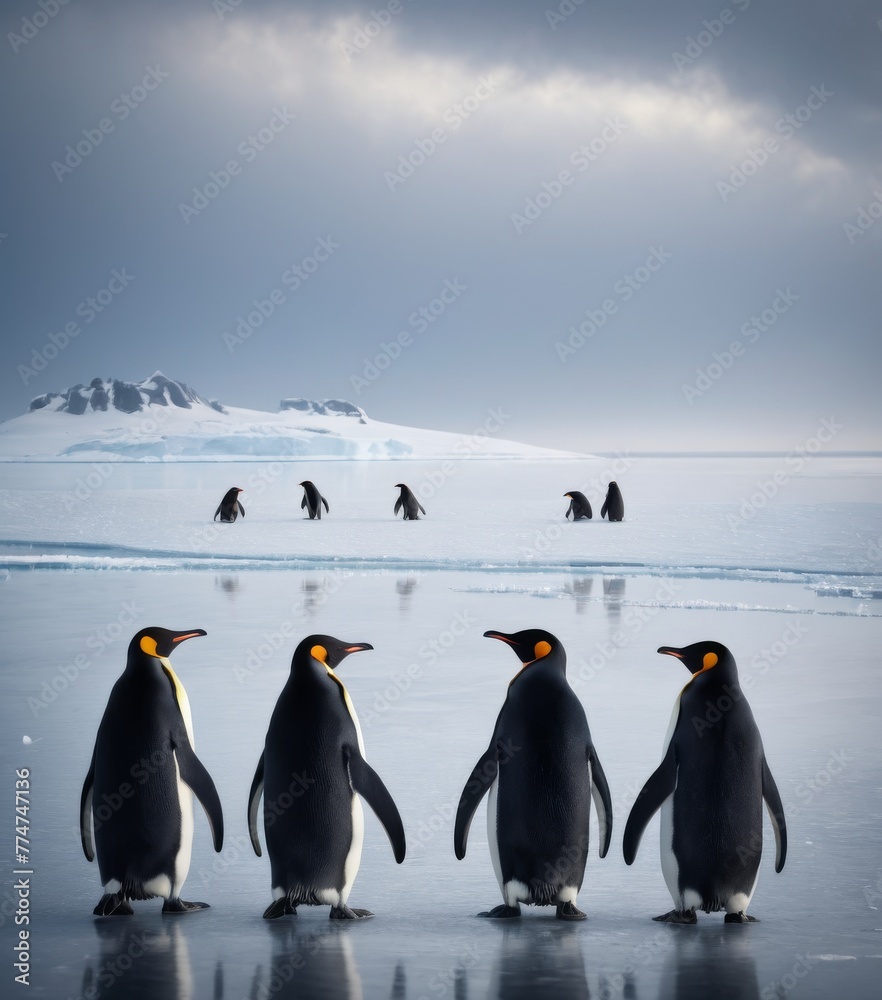 Obraz premium Four Emperor Penguins march in line against a stark, icy Antarctic backdrop, with a hint of their colony in the distance. This image captures their unique adaptation and social dynamics in a frozen