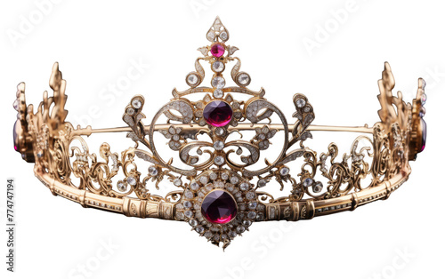 A majestic gold tiara is embellished with delicate pink and white gemstones, radiating a sense of royalty and elegance