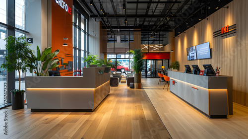 Modern car dealership showroom interior with elegant furniture and design. Bright indoor lighting and a welcoming atmosphere. Automotive sales and luxury retail concept for marketing materials photo