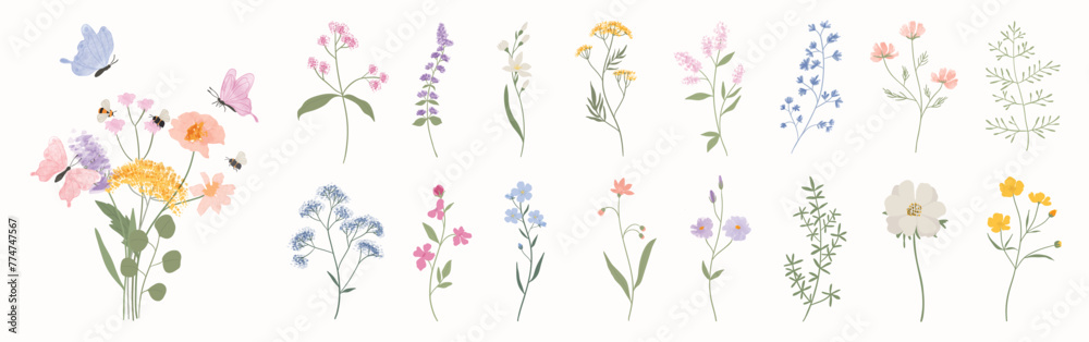 Collection of floral and botanical elements. Set of leaf, foliage wildflowers, plants, bloom, leaves and herb. Hand drawn of blossom spring season vectors for decor, website, wedding card and shop. - obrazy, fototapety, plakaty 