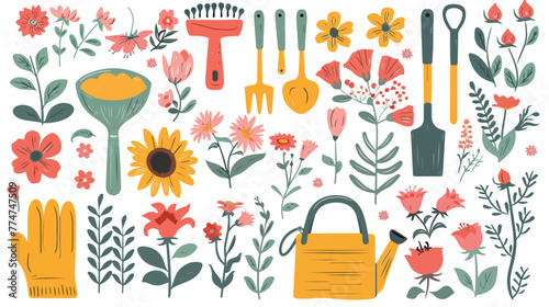 Gardening tools and flowers Flat vector