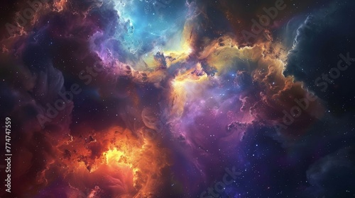 A breathtaking view of a colorful nebula illuminated by the light of nearby stars  with swirling clouds of gas and dust creating a mesmerizing display of cosmic beauty.