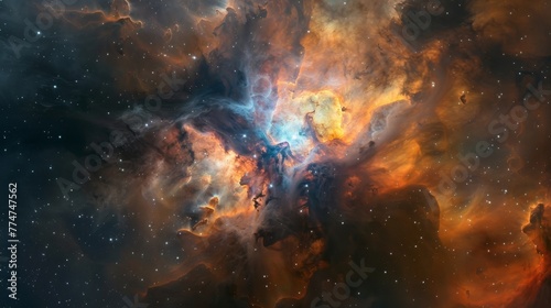 A breathtaking view of a colorful nebula illuminated by the light of nearby stars, with swirling clouds of gas and dust creating a mesmerizing display of cosmic beauty. © Haseeb
