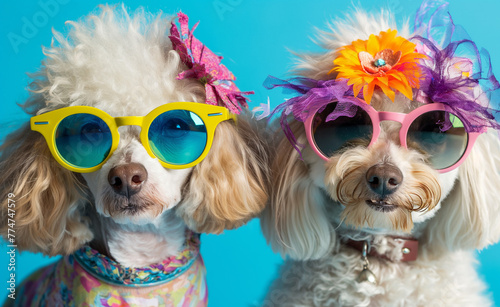 Retro Glamour in Vibrant Shades. Two Lovely Poodles Wearing Sunglasses © Curioso.Photography